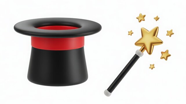 A classic magician's hat with a wand and sparkling stars for a magical performance