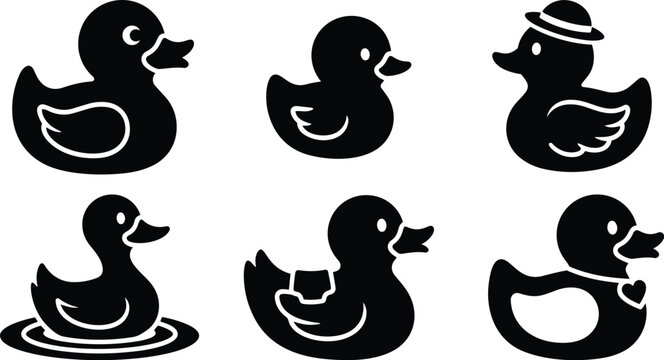 Minimalist vector icon set six rubber duck silhouettes front and side profiles one with hat one with heart close up flat design simple playful bath toys