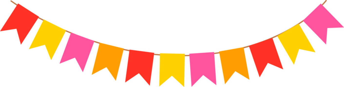 Colorful party flags decorating a festive celebration banner