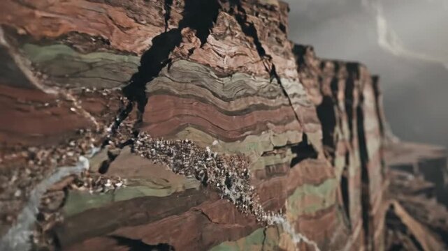 Cross section of layered earth cliff reveals multicolored sedimentary strata and rugged canyon edge