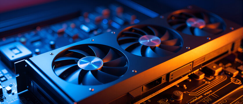 High-end graphics card with triple fan cooling system on a modern computer motherboard, illuminated with blue and orange lights