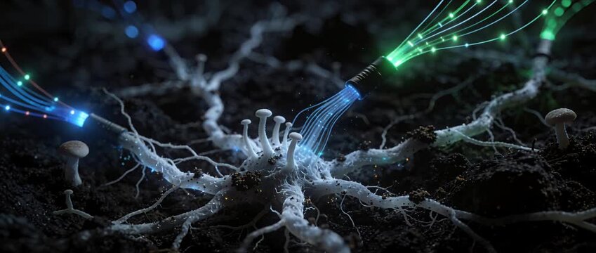 Futuristic technology network root system with glowing fiber optic cable mushroom structures organic soil fantasy environment, surreal digital nature background showing optic connection and data flow