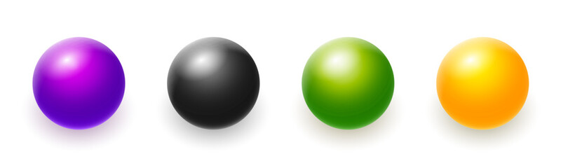 Glossy colorful spheres collection purple black green orange gradient balls isolated white background minimal abstract design concept
