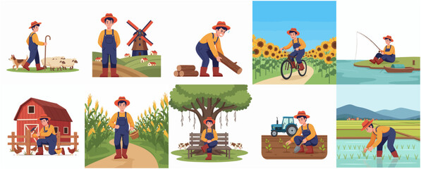 Fototapeta premium Cute Cartoon Farmer Character in Various Activities with Countryside Scenery