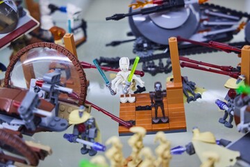 Naklejka premium Moscow, Russia. - June 23, 2025: Lego construction kit, old models. Collection of the famous toy series