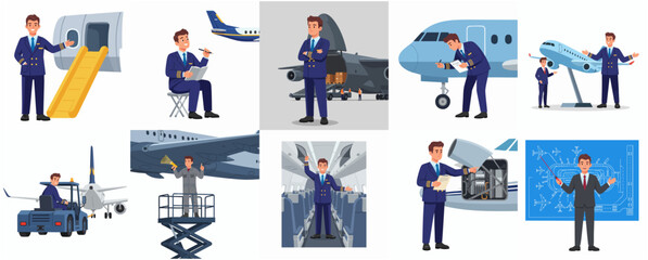 Fototapeta premium Professional Illustration of Diverse Aircraft Aviation Engineer Set of Poses