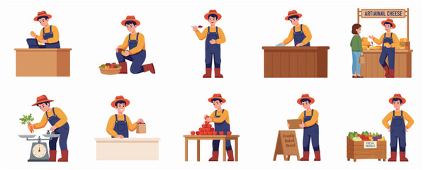 Fototapeta premium Flat Style Detail Farmer Character Growing and Selling Local Organic Food Illustration