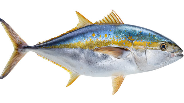 Ultra realistic HD yellowtail amberjack fish silver body, isolated on white background