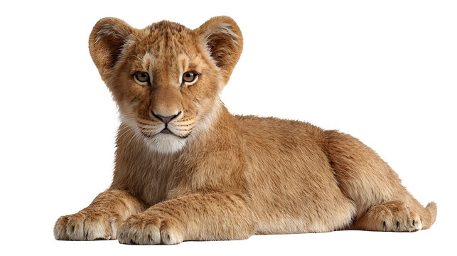 Ultra realistic HD lion cub sitting with fur detail and soft lighting, isolated on white background