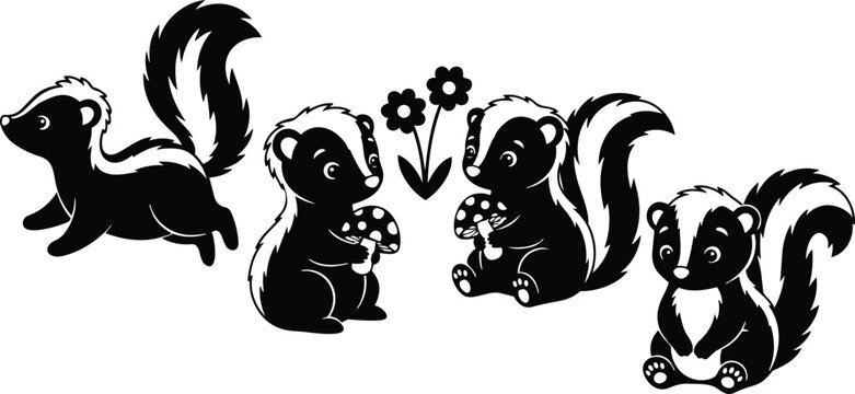 Cute hand drawn skunk characters close up set showing running skunk and sitting skunks holding mushrooms and flowers vector art black and white playful composition illustration