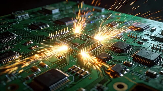 Green circuit board with golden electric sparks and glowing electronic components