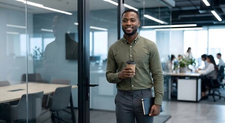 Business professionals working and walking in a modern corporate office environment