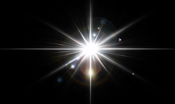Bright star radiating light against black space background