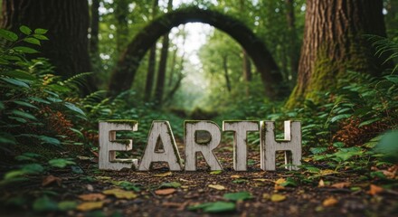 Pathway with "EARTH" letters in front of a forest archway