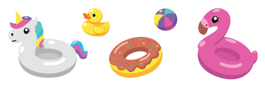 Cute summer pool float set flat vector illustration with unicorn ring, flamingo inflatable, rubber duck and donut swim tube, colorful playful design for seasonal branding