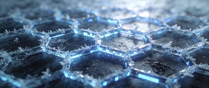 Futuristic technology network digital hexagon ice crystal blue light cyber grid abstract innovation cold metallic surface connection data pattern glow surface structure shine mood glowing grid