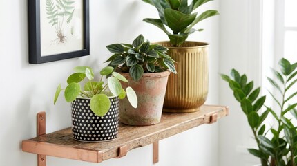 Fototapeta premium Potted plants sitting on a rustic wooden shelf, creating a calming and natural ambiance in a bright, modern interior against a white wall and framed artwork.