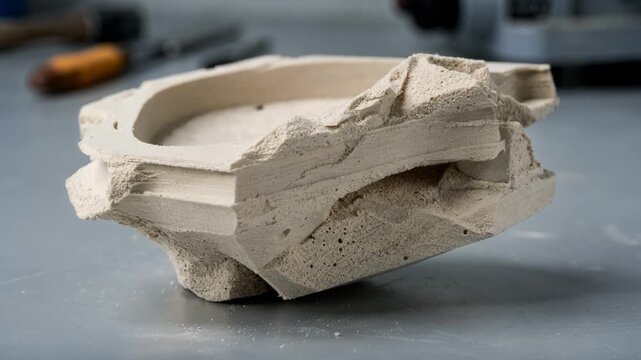 Detailed medium shot of a fine resolution ceramic shell mold produced additively focusing on precise edges and texture contrasts with blurred tools and equipment in the background.