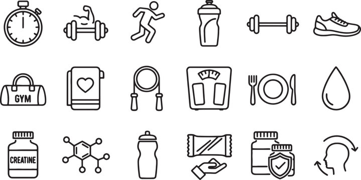 Black line icons for fitness and nutrition concepts