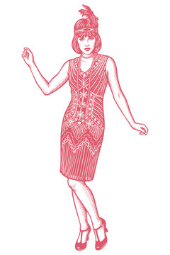 Vector engraving illustration of a 1920s flapper girl in a retro dress and feather headband. Vintage dancing woman isolated on white background.
