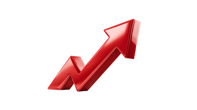 Ultra realistic HD upward trending arrow in glossy red, isolated on white background