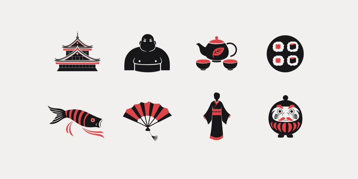 Set of traditional Japanese culture icons. Flat vector minimal illustrations of a castle, sumo wrestler, tea set, sushi, koi fish, fan, kimono, and daruma doll.