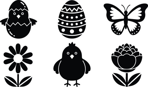 Flat design spring icons set with cracked egg chick decorated egg butterfly daisy peony simple black silhouettes centered on white background minimal vector art editable scalable