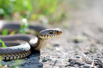 Obraz premium Snake slithering on garden path highlights pest concern in suburban backyard