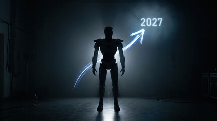 Fototapeta premium Robot silhouette with blue rising arrow and 2027 text in dark studio. 2027 future vision concept.