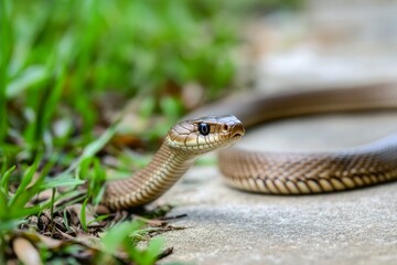 Obraz premium Snake moves along garden path in suburban backyard, raising pest concerns for homeowners and gardeners