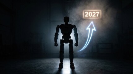 Obraz premium Humanoid robot silhouette with glowing curved arrow reaching 2027 badge. 2027 technology progress concept.