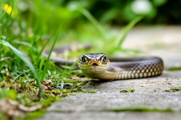 Obraz premium Close view of snake moving along garden path in suburban backyard highlighting home pest concern