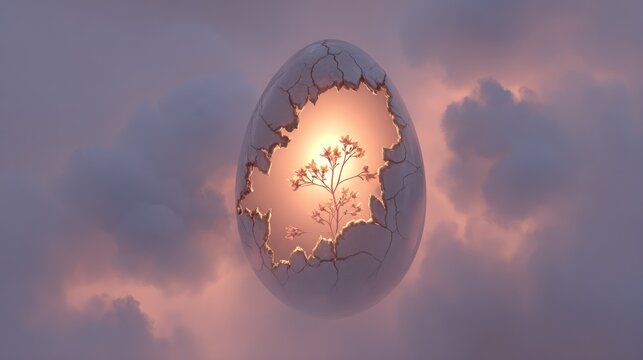Cracked egg shell revealing a radiant glowing plant silhouette blooming from within