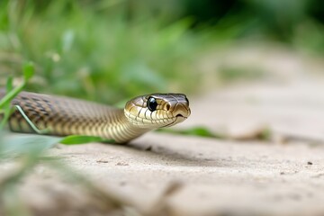 Snake moving on garden path in suburban backyard raises home pest concern for residents during warm season