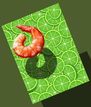 Lime and shrimp are a classic pairing. A shrimp  is seen on a background of lime slices in a 3-d illustration.