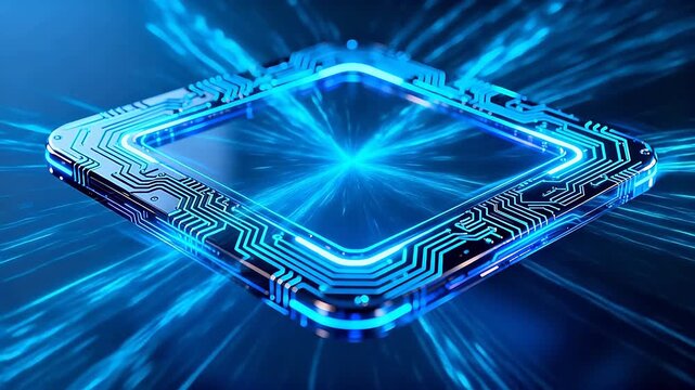 Blue glowing square microchip with circuit lines on dark background