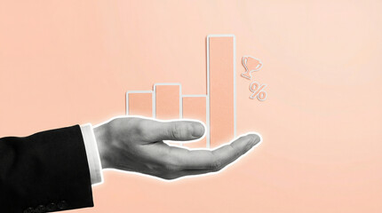 Hand presenting an upward bar graph, symbolizing financial growth, market value increase, and strategic investment for business success