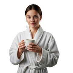 Woman in bathrobe holding a cup of coffee