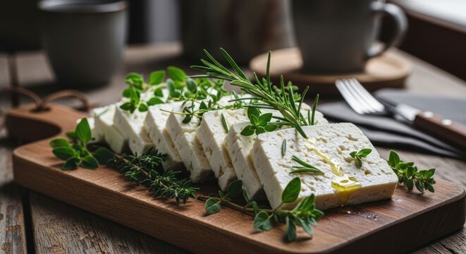 Sliced white cheese block garnished with herbs on a wooden board