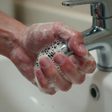 Person with OCD Compulsively Washing Faucet, Mental Health and Hygiene Concept