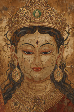 Ancient Weathered Thangka Art - Cracked Goddess Parvati Portrait