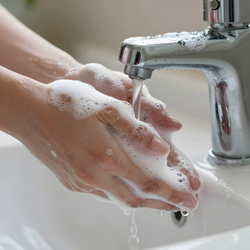 Person with OCD Compulsively Washing Faucet, Mental Health and Hygiene Concept