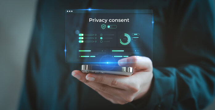 GDPR data protection and security compliance, Man holding smartphone managing Privacy Consent settings, Personal data, Information security, Transparency, Digital rights, Cookie consent
