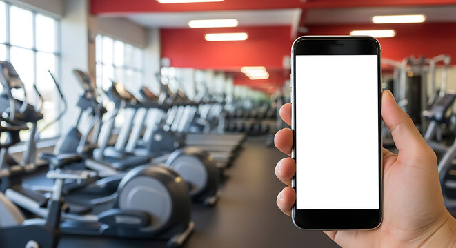 Hand holding smartphone with blank screen in modern gym with exercise equipment