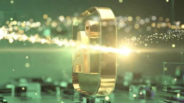 3D Golden AI Logo in Glass Square Frame on Green Bokeh Particle Network Technology Background