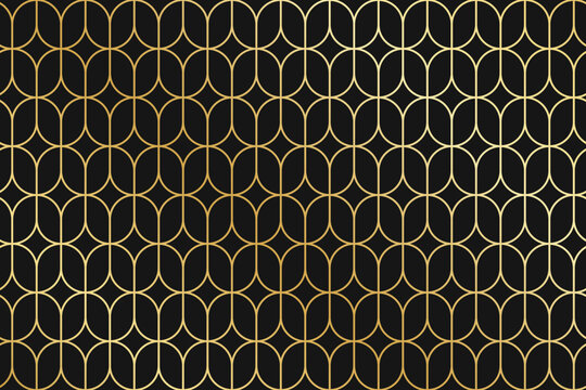 Art deco or nouveau pattern with repeated gold oval shapes on black background. Luxury geometric print. Elegant minimalistic wallpaper. Golden abstract ornament. Vector illustration.