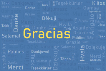 Obraz premium Gracias word meaning thank you in Spanish language. Thank you in multiple languages. Different international language thank you word collage.