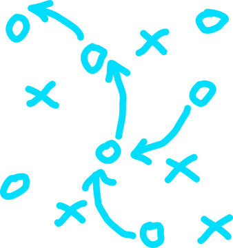 Hand drawn football tactic strategy with arrows and X O symbols on white background. Simple blue sketch of sport game plan diagram concept.