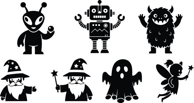 Flat design black silhouette characters close up showing alien robot monster wizard ghost and fairy waving while holding wand and star in set vector icons isolated