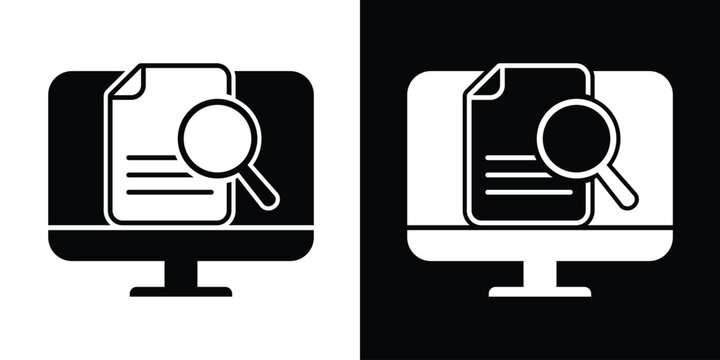 Vector illustration of a computer screen with a document and magnifying glass. Represents digital file search, online document auditing, data verification, and web research concepts.